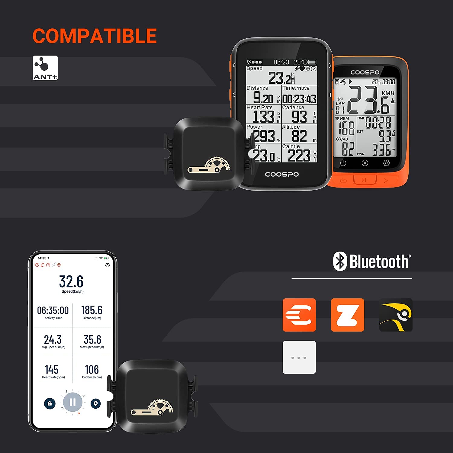 Coospo Bike Computer Wireless Gps,Bike Speedometer With Auto Backlight, Bluetooth5.0 Ant Cycling Gps Computer,Bicycle Computer W