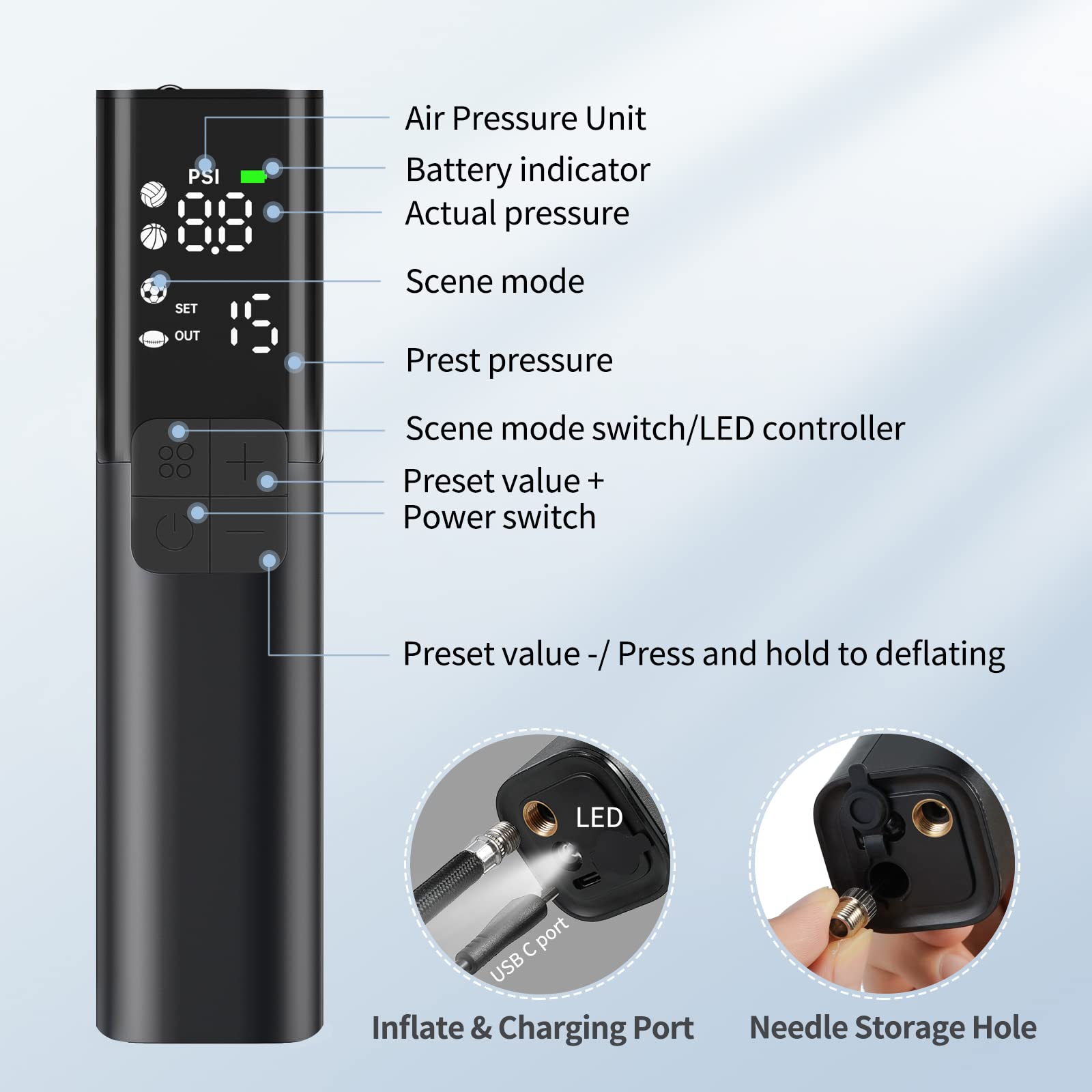 Pumteck My01 Electric Ball Pump With Inflation & Deflation, Accurate Pressure Gauge And 4 Preset Modes, Automatic Ball Pump For