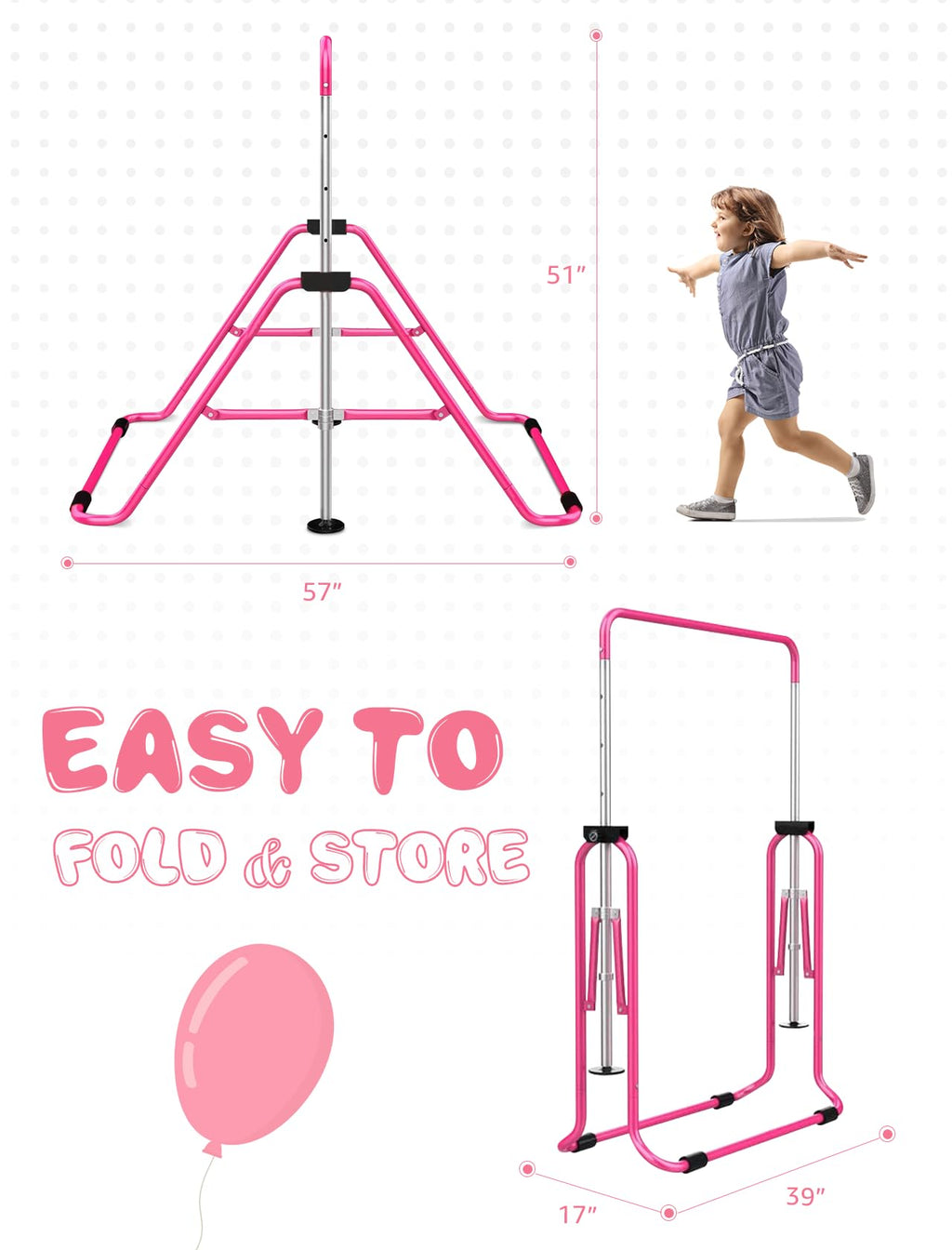 Sportsroyals Gymnastics Bar For Kids, Adjustable Height Gymnastics Equipment For Girls, Folding Gymnastic Junior Training Kip Ba