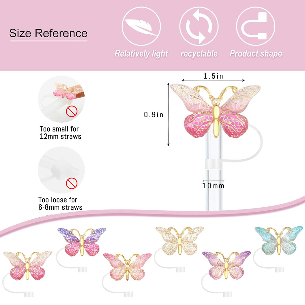 SEMATA 6PCS Cute Butterfly Straw Cover Cap for Stanley Cup Accessories,Bling Straw Toppers for Stanley Tumbler 40&30 oz,Reusable
