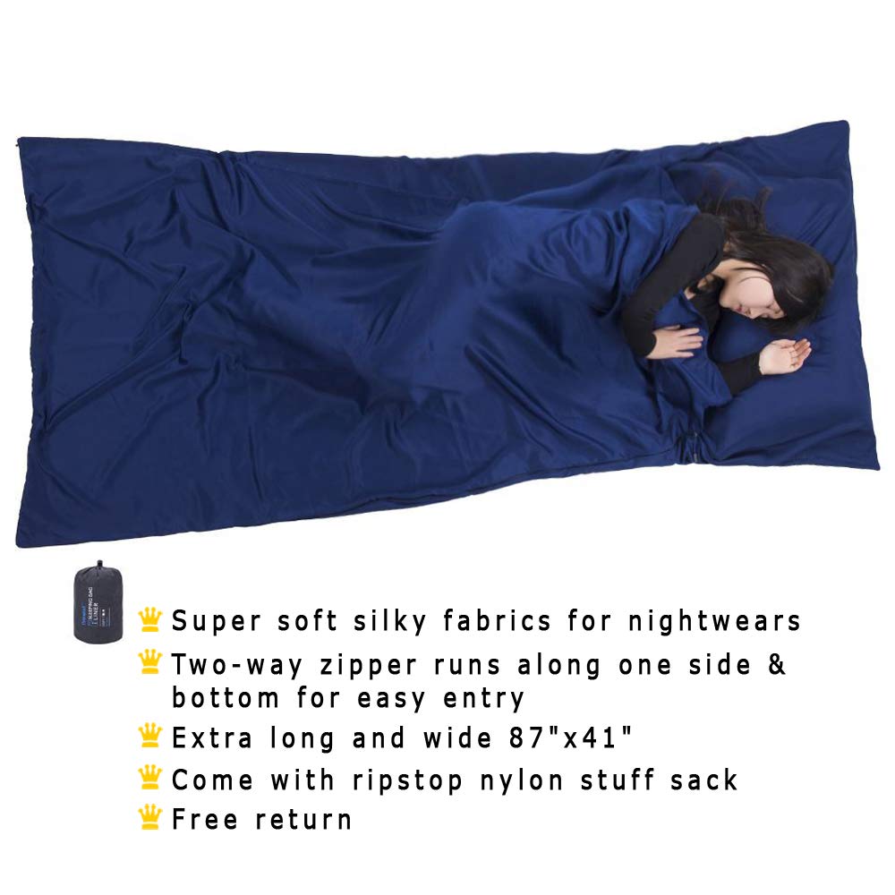 Browint Sleeping Bag Liner With All Around Two-Way Zipper, Travel Sheet With Pillow Pocket, 87''X41'' Extra Wide Travel Sleep Sh