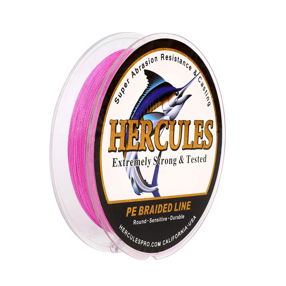 HERCULES Braided Fishing Line 300m 328yds 6lbs-100lbs Pe Superline 4 Strands (Pink 50lb/22.7kg 0.37mm)