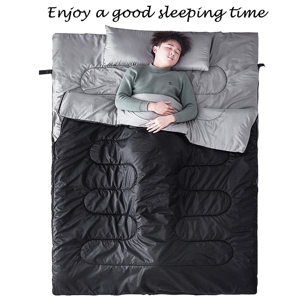 Tuphen Double Sleeping Bag With 2 Pillows, Queen Size Xl Bag For 2 People, Cold Warm Weather- 3 Seasons, Waterproof Adults Sleep