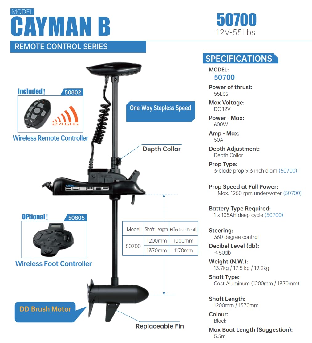 Parkho Haswing Electric Trolling Motor - 12V 55Lb 48 Inch Shaft Cayman B Bow Mount Boat Fishing Saltwater Freshwater With Remote