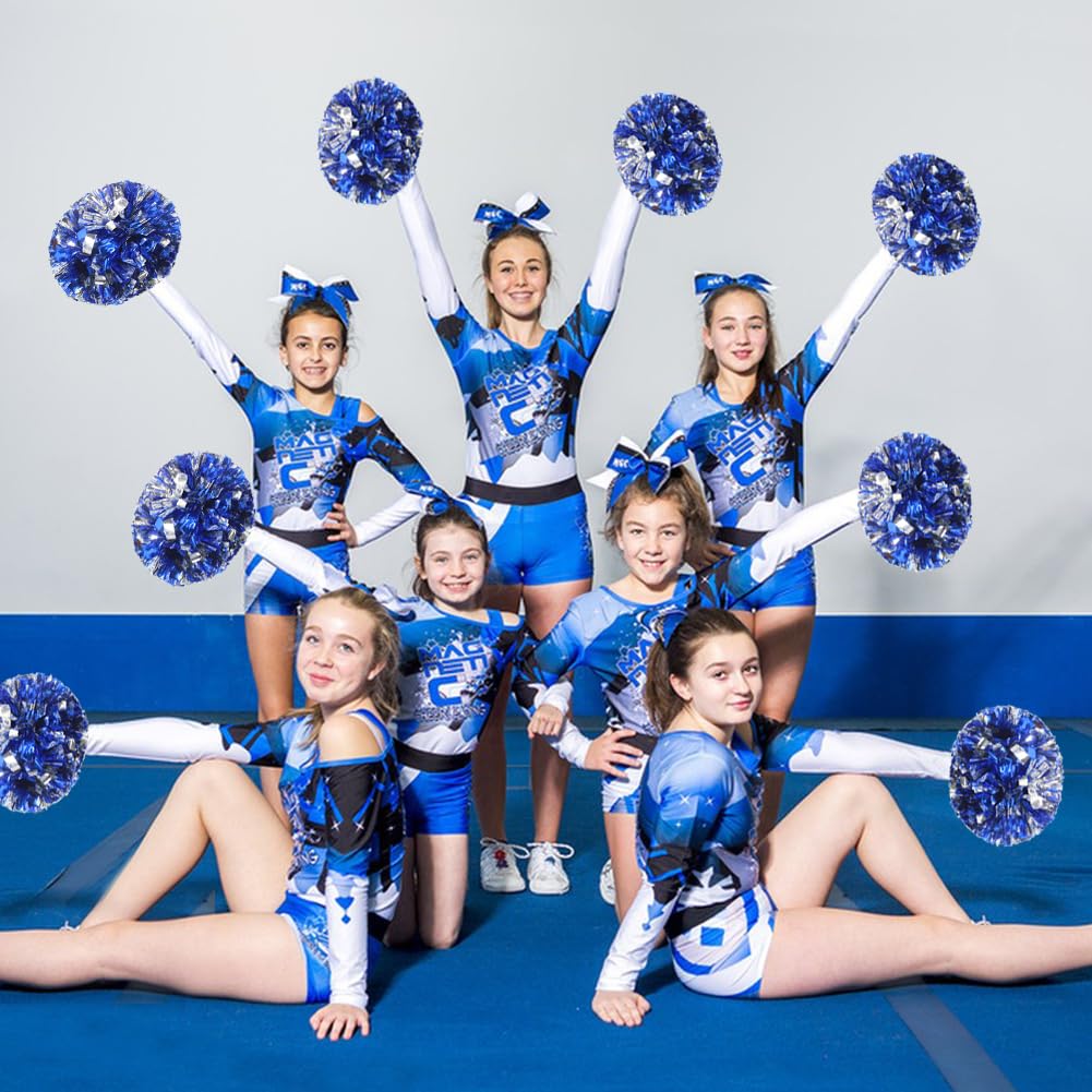 Hooshing 6Pcs Pom Poms Cheerleading Metallic Silver And Blue Cheer Pom Poms With Baton Handle For Team Spirit Sports Dance Cheer