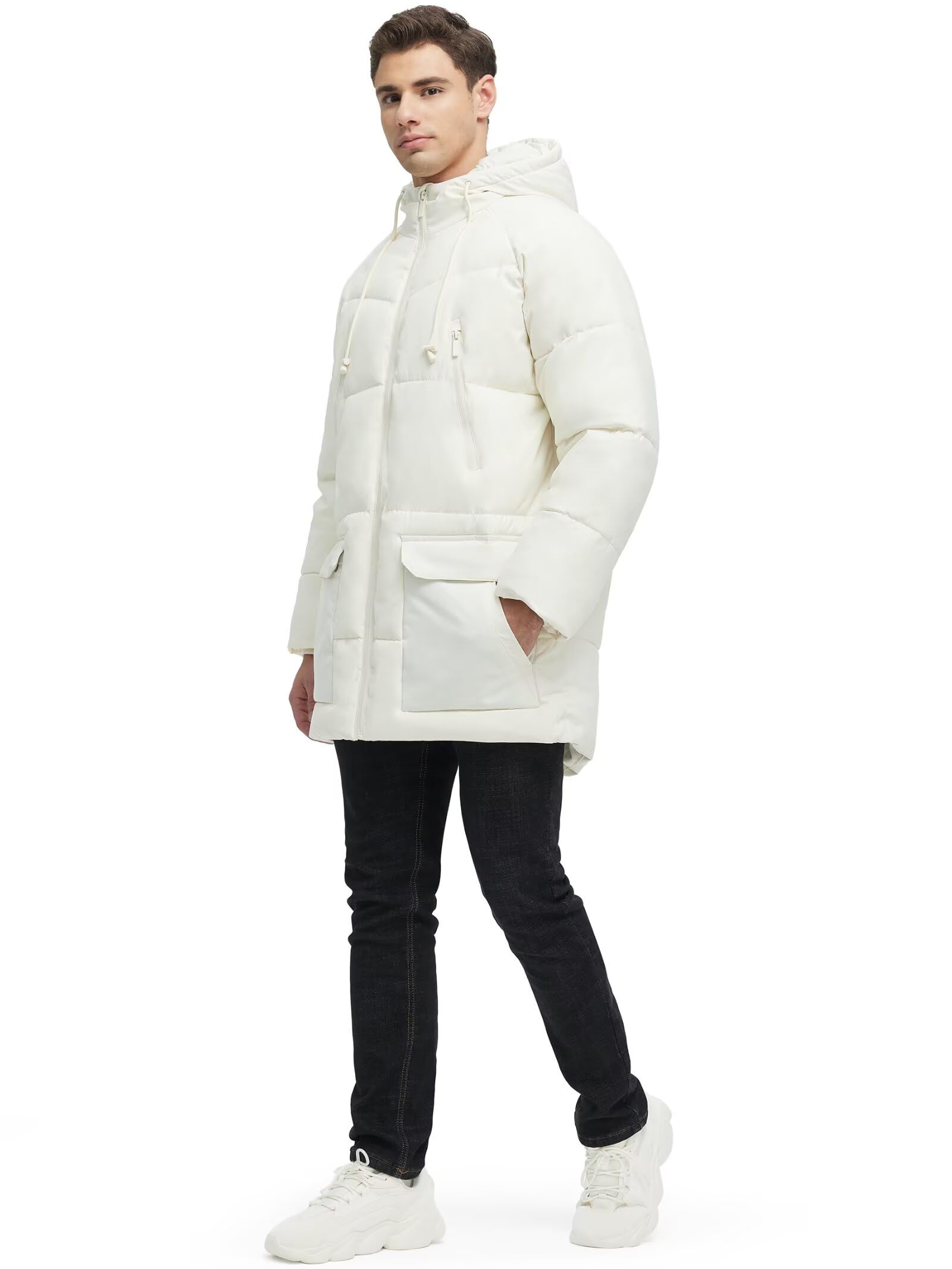 Rejork Men s Long Winter Coat Hooded Warm Quilted Jacket Water-resistant Cold Weather Parka Biege 2XL