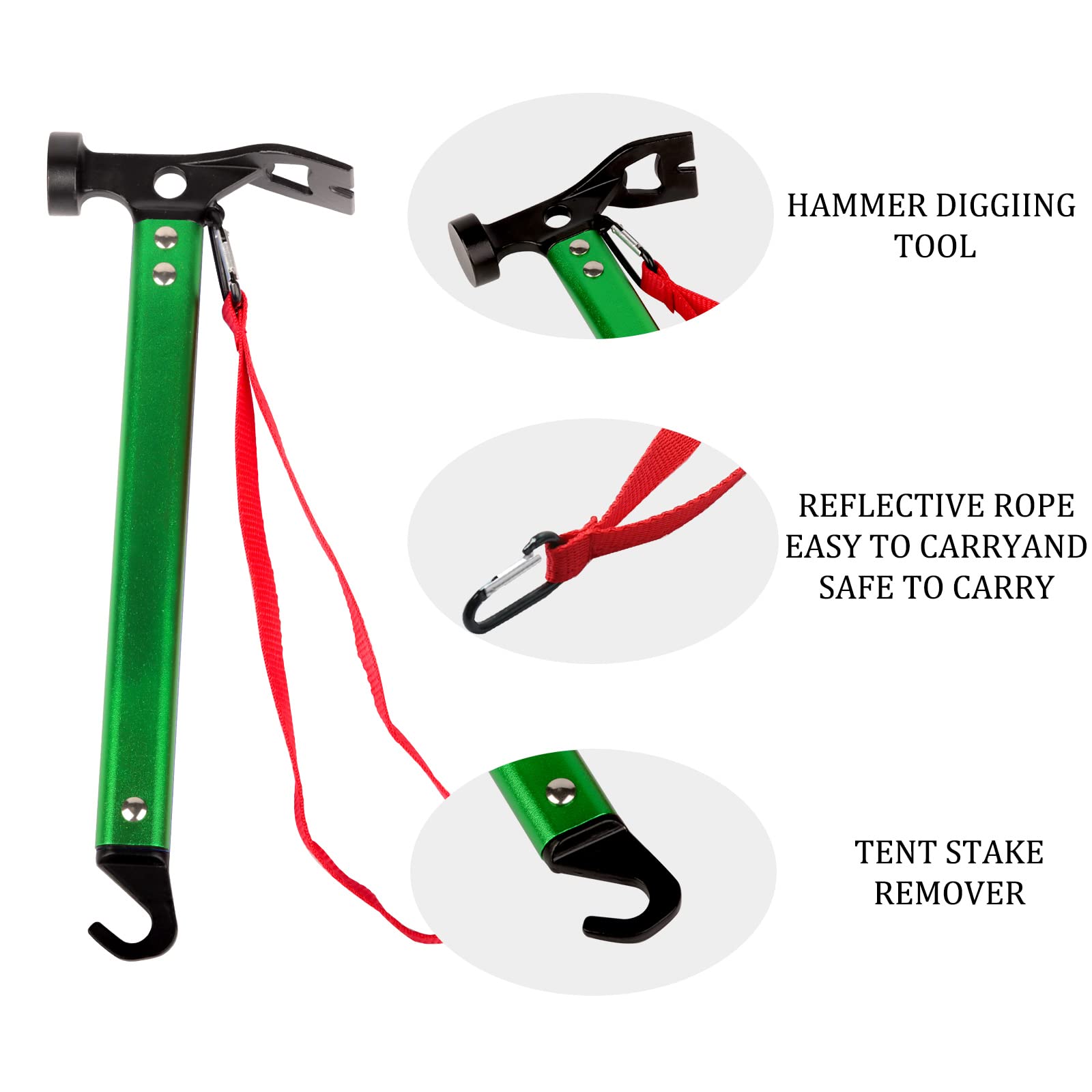 Carbon Steel Aluminum Camping Hammer, 12 Small Lightweight Three-In-One Functional Tent Stake Hammer For Hiking Kit Green