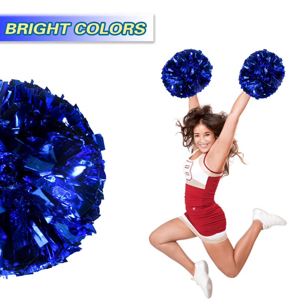 Lovecheer 2Pcs Pom Poms Cheerleading Blue Metallic Cheer Pom Poms With Baton Handle For Sports Team Spirit Party Cheering