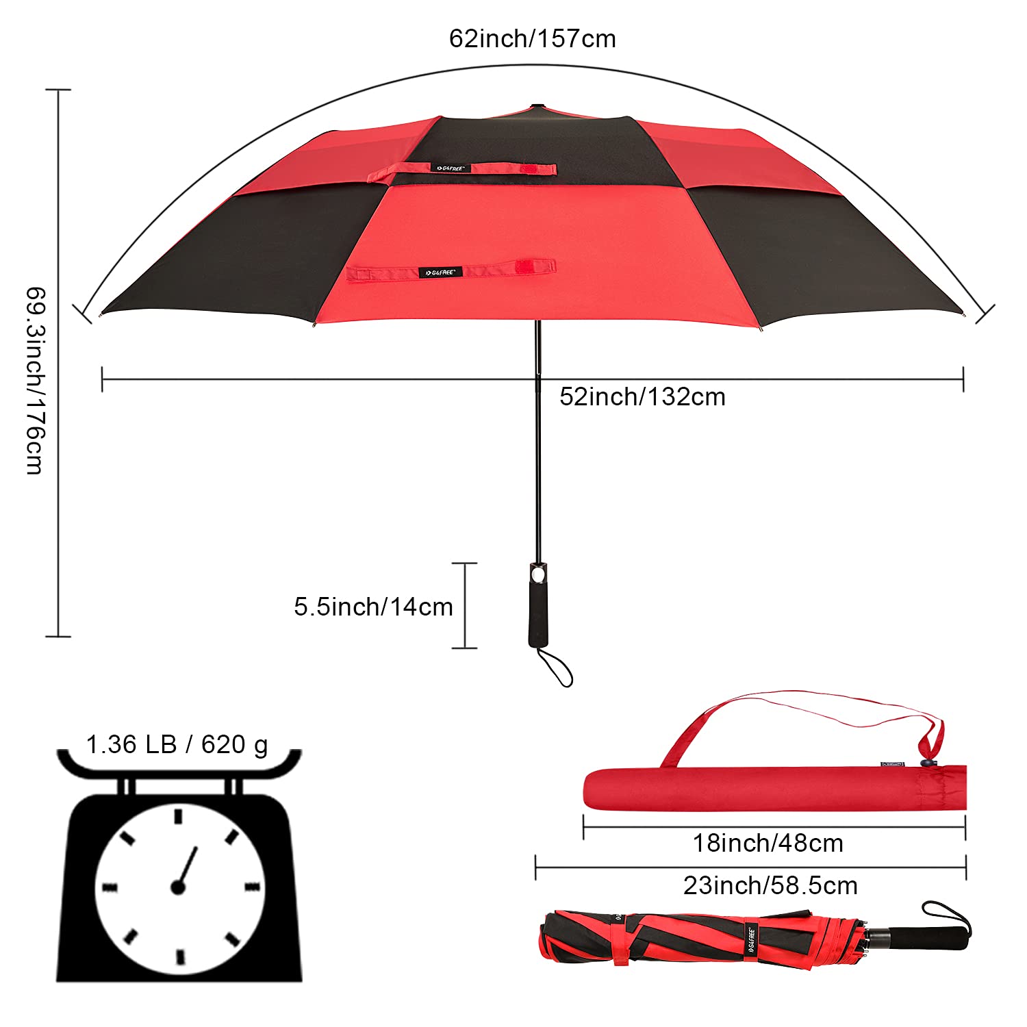G4Free 62Inch Portable Golf Umbrella Automatic Open Large Oversize Vented Double Canopy Windproof Waterproof Sport Umbrellas(Bla