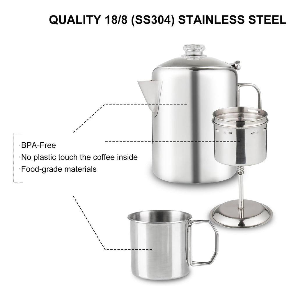 Apoxcon Coffee Percolator Bundle With 2 Mugs Stainless Steel Coffee Maker With Heat Resistant Tough Glass Knob & Foldable Handle
