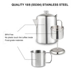 Apoxcon Coffee Percolator Bundle With 2 Mugs Stainless Steel Coffee Maker With Heat Resistant Tough Glass Knob & Foldable Handle