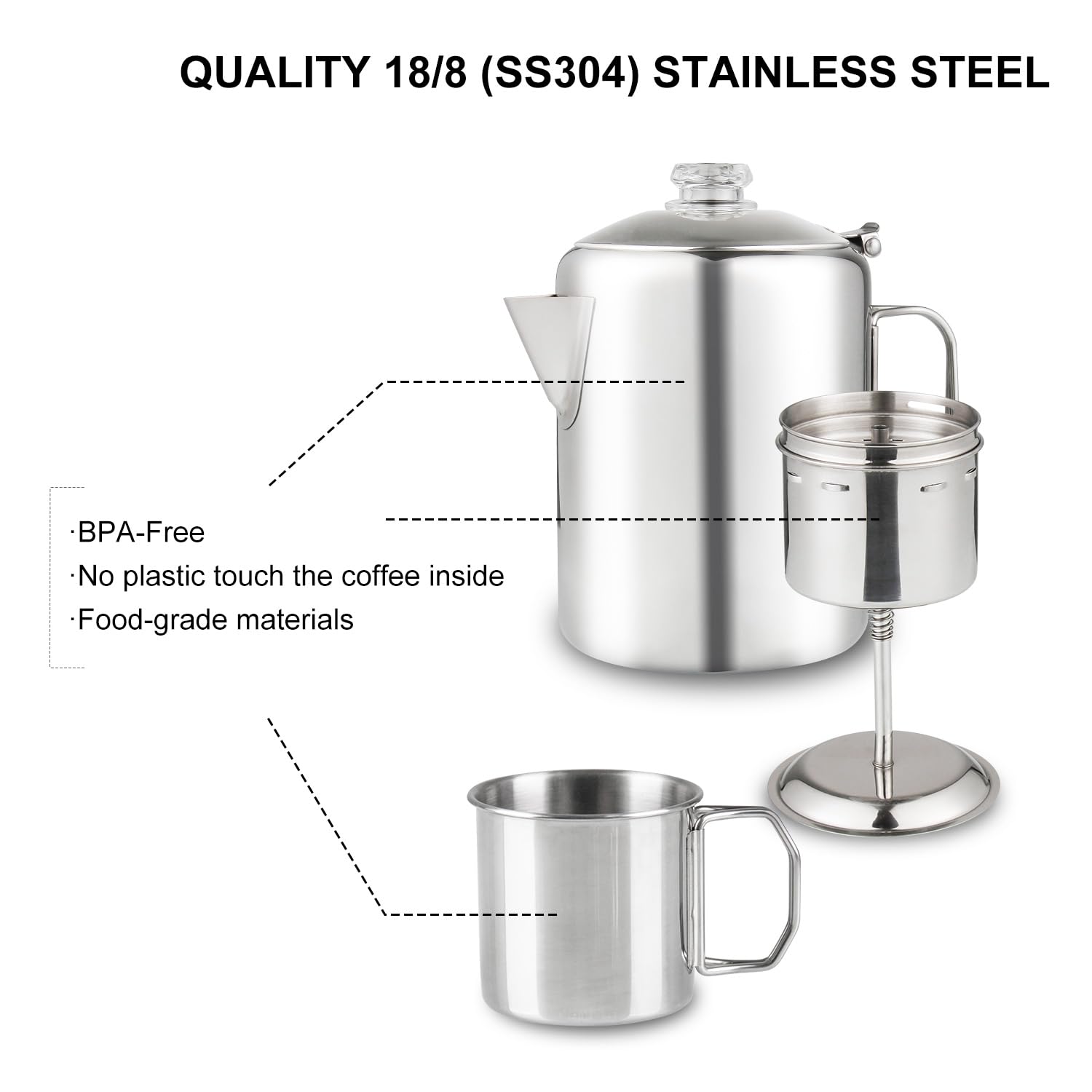 Apoxcon Coffee Percolator Bundle With 2 Mugs Stainless Steel Coffee Maker With Heat Resistant Tough Glass Knob & Foldable Handle