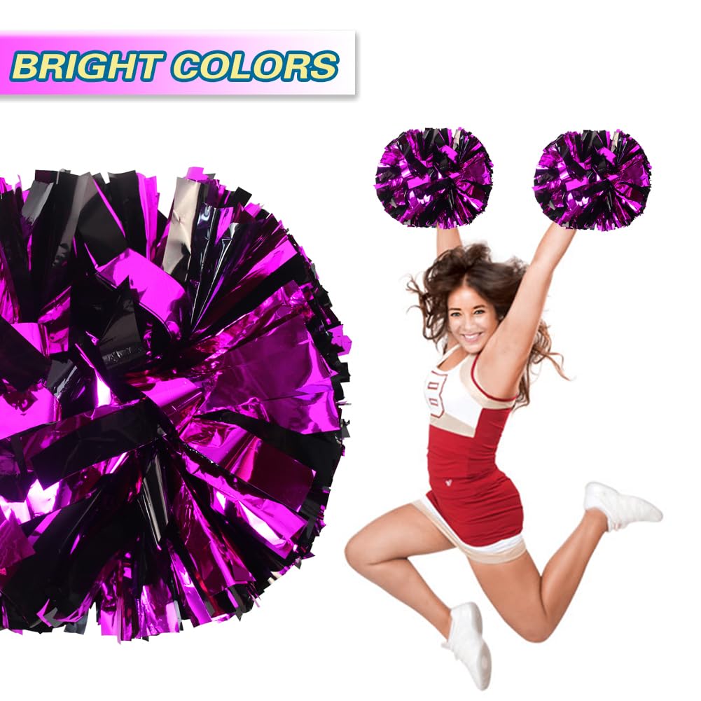 Lovecheer 2Pcs Hot Pink And Black Pom Poms Cheerleading Metallic Cheer Pom Poms With Handle For Dance Party Sports Spirits