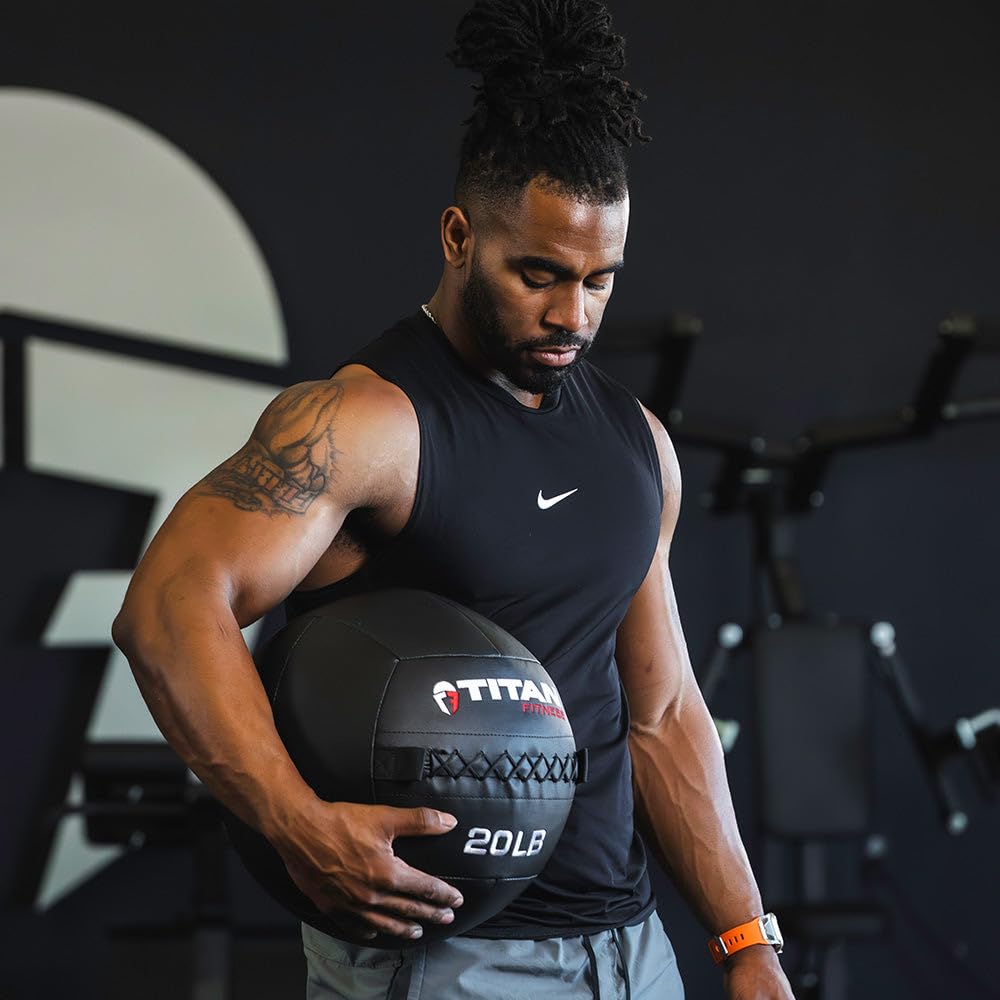 Titan Fitness 18 Lb - 30 Lb Soft Shell Medicine Wall Ball With Poly-Composite Laminate Cross Texture Non-Slip Grip For Throwing,