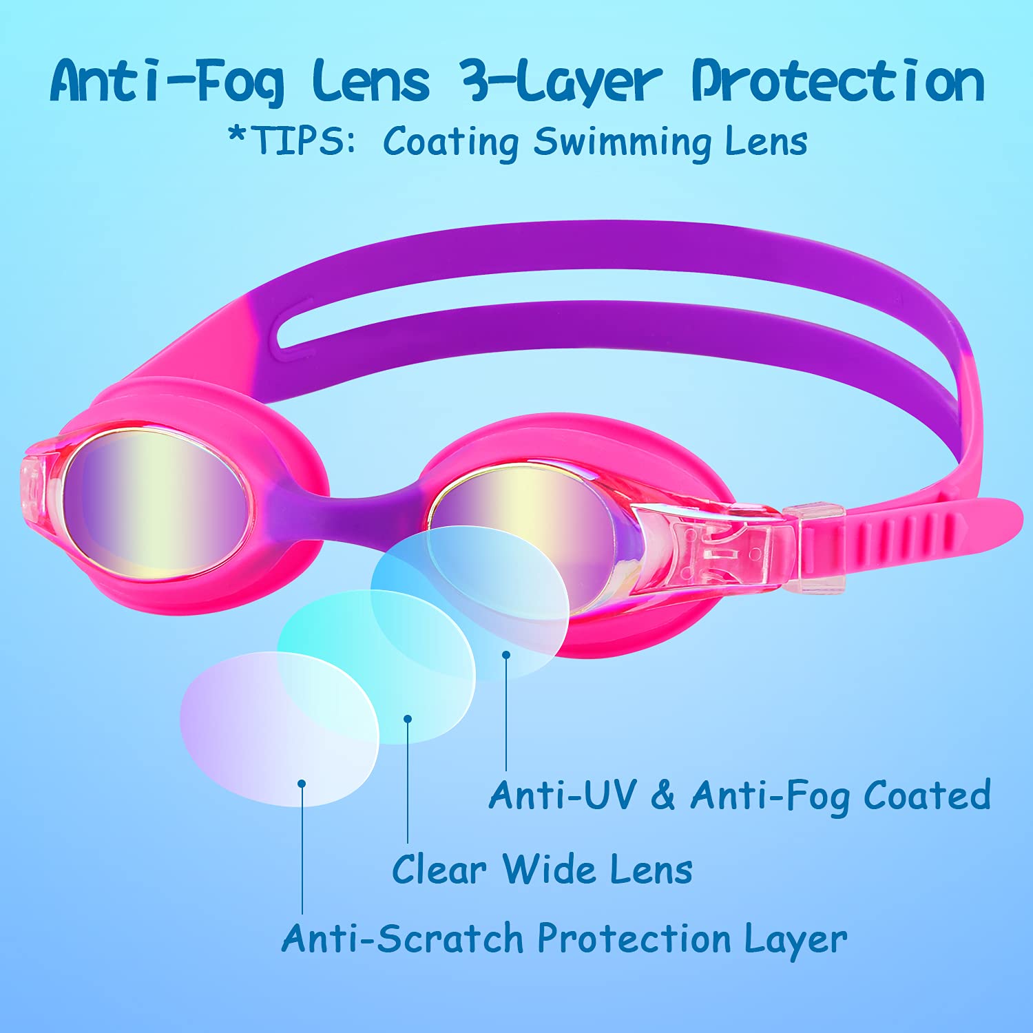 Cooloo Kids Goggles For Swimming For Age 3-15, 2 Pack Kids Swim Goggles With Nose Cover, No Leaking, Anti-Fog, Waterproof, Purpl