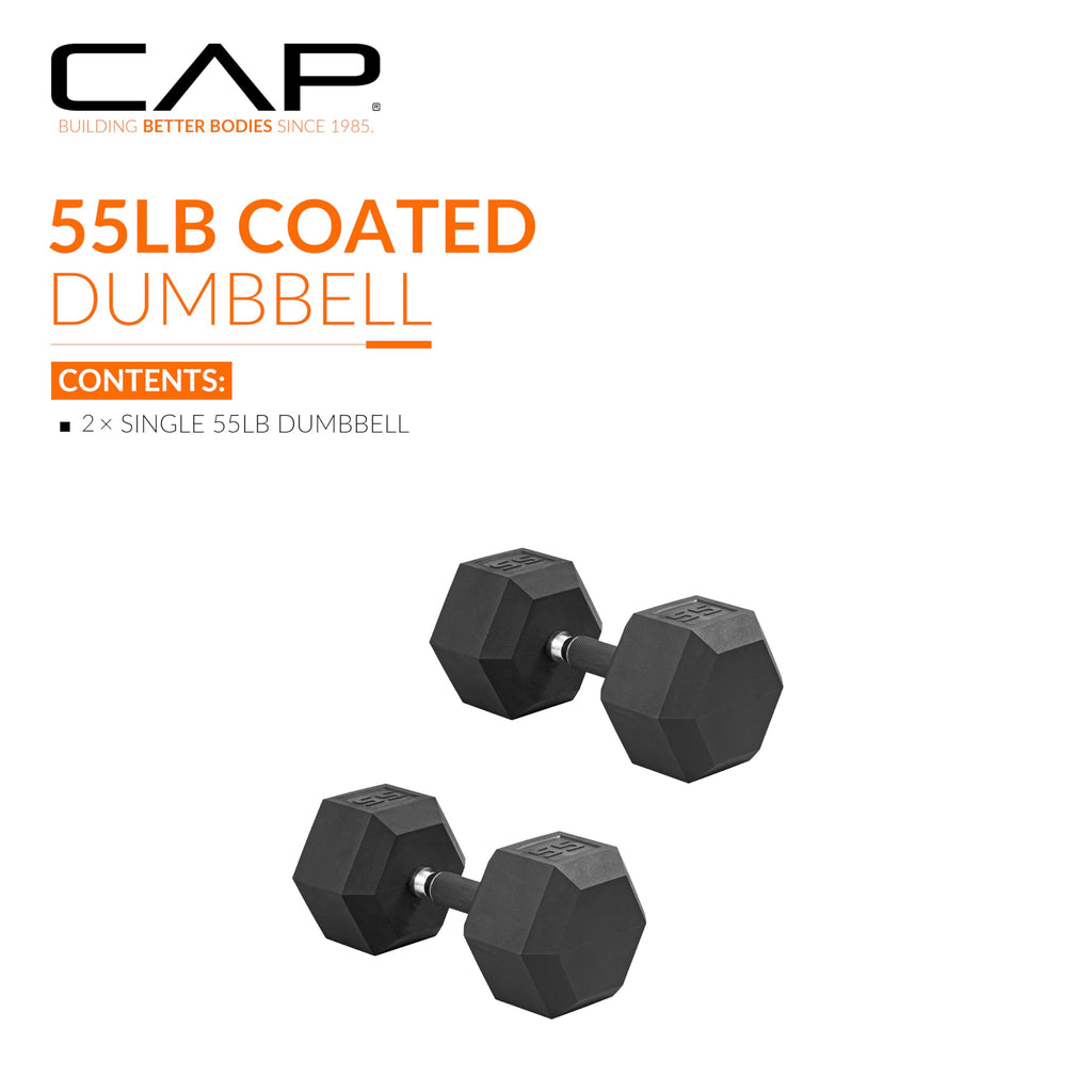 CAP Barbell 55 LB Rubber Coated Hex Dumbbell Hand Weight with Padded Grip - Pair | Comfort Grip