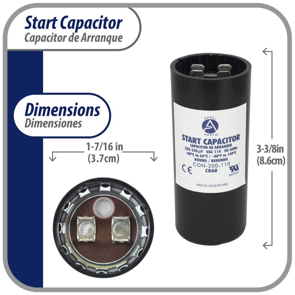 Appli Parts Motor Start Capacitor 200-240 Mfd (Microfarads) Uf 110-125 Vac Universal Fit For Electric Motor Applications 1-716 I