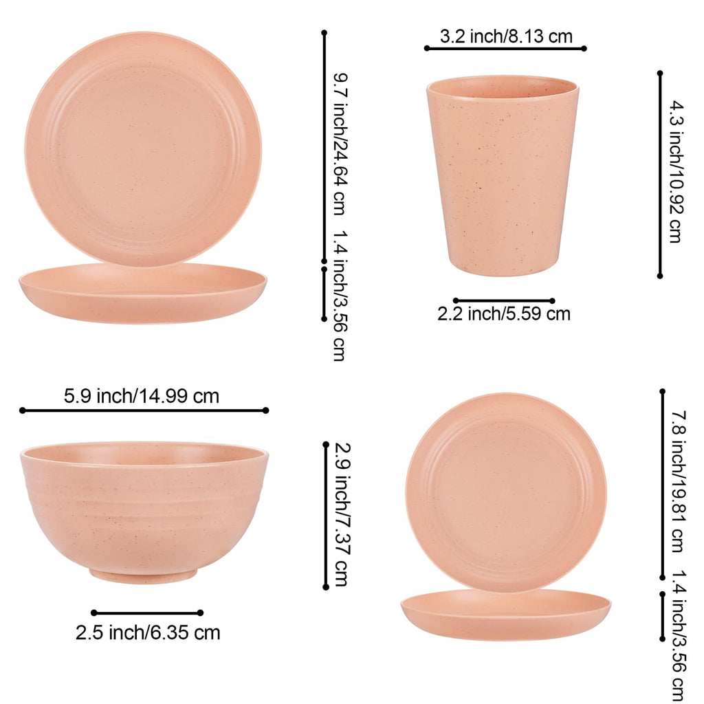 Rubtlamp 16Pcs Plastic Wheat Straw Dinnerware Set, Reusable Plastic Plate Set For 4, Kitchen Plates And Bowls Set (Orange Pink)