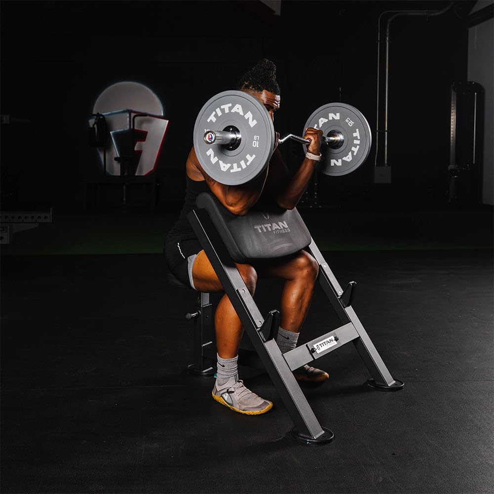 Titan Fitness Seated Preacher Curl Bench, Max Load 250 Lb, Bicep Curl Support Training, Isolated Barbell Dumbell Ez Curl Special