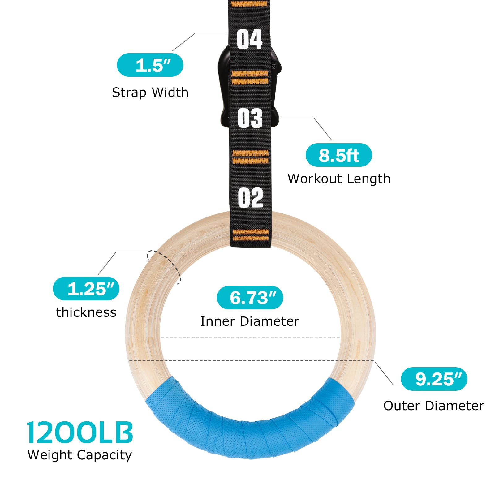 Vulken Wooden Gymnastic Rings With Adjustable Numbered Straps. 1.25'' Olympic Rings For Core Workout, Crossfit, Bodyweight Train
