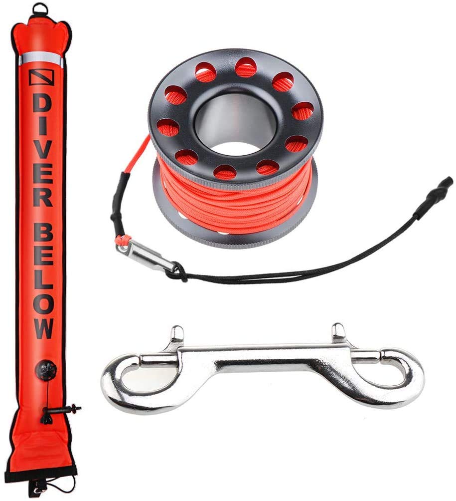 Seafard 4ft Red Scuba Diving Open Bottom Surface Marker Buoy (SMB) with 49ft Finger Spool Alloy Dive Reel and Double Ended Bolt 