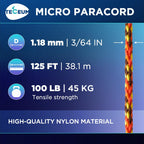 Teceum Micro Paracord - Fireball - 1.18 Mm X 125 Ft - Micro Utility Cord - Thin Braided Paracord Rope Nylon Polyester - Wind Chi