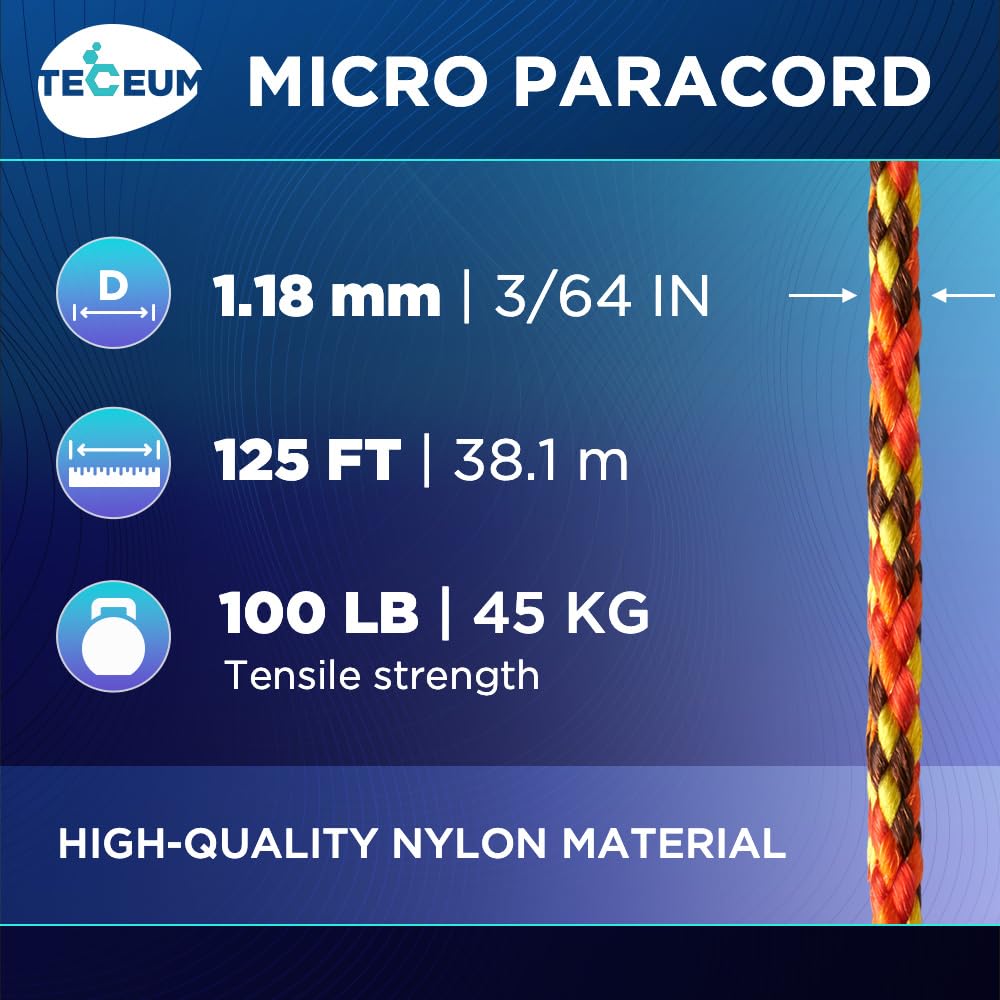 Teceum Micro Paracord - Fireball - 1.18 Mm X 125 Ft - Micro Utility Cord - Thin Braided Paracord Rope Nylon Polyester - Wind Chi