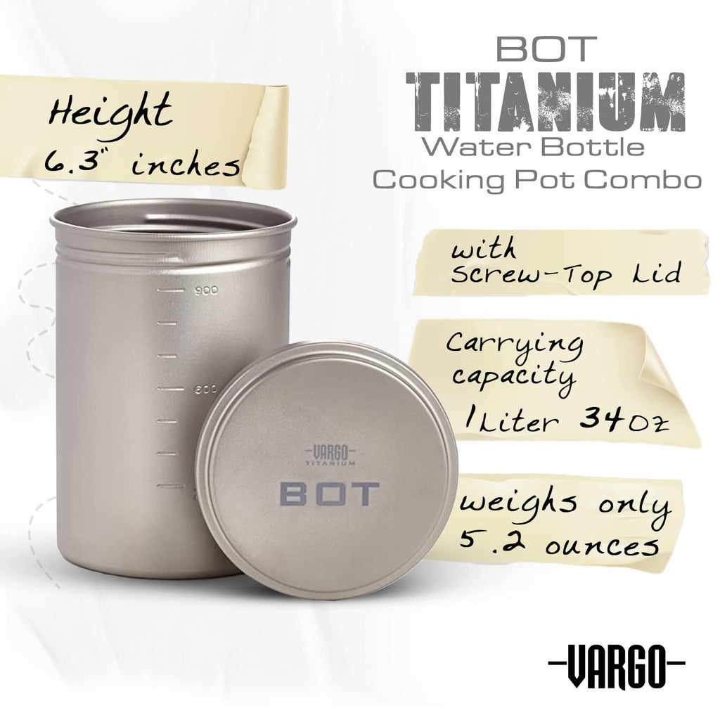 Vargo Titanium Bot Series | 1 Liter (34 Oz.) Ultralight Water Bottle Cooking Pot Weighs 147 Grams (5.2 Oz.) | Backpacking Campin