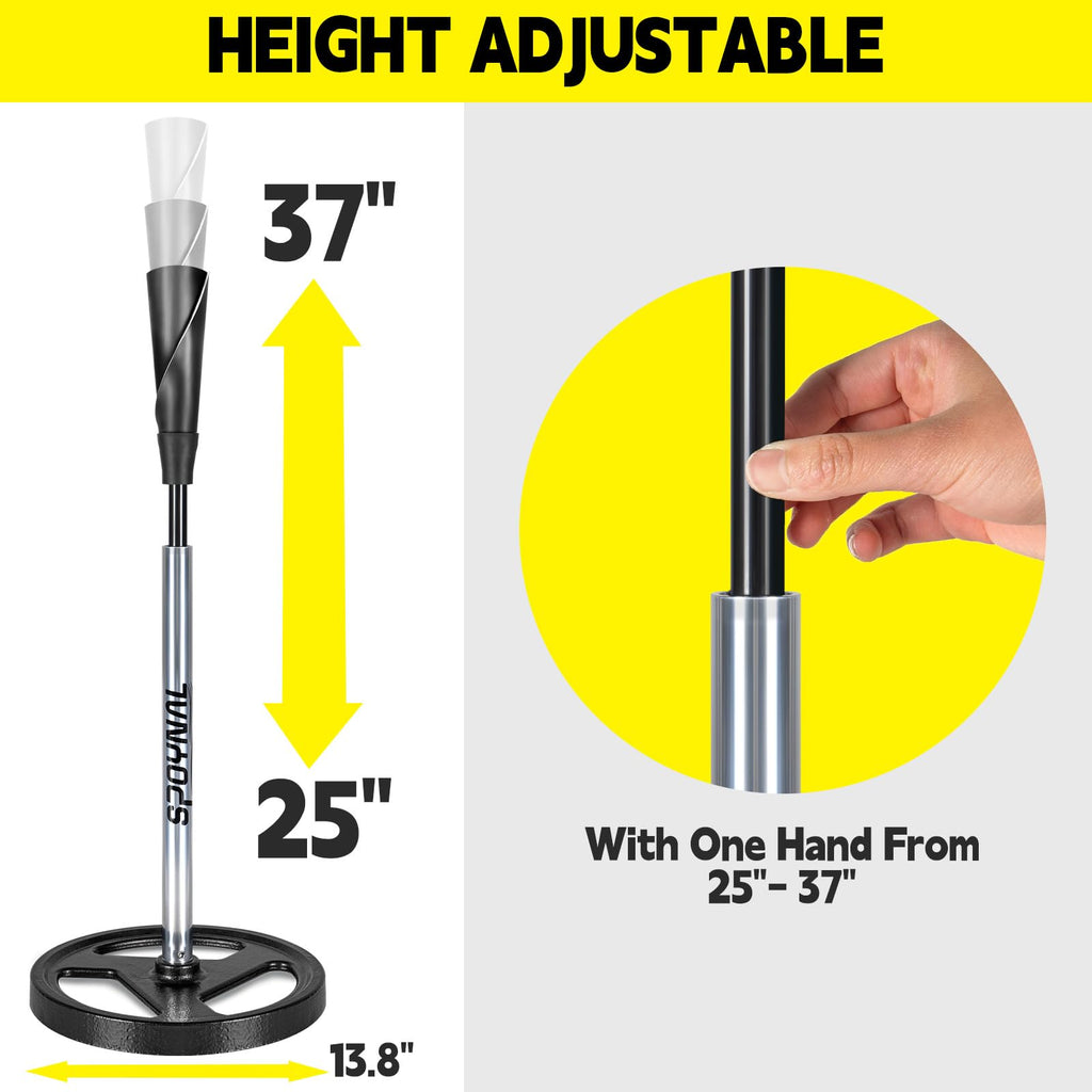Spoynal Portable Batting Tee, Adjustable Tee For Baseball/Softball - 25'' To 37'' Height, Hand-Rolled Flexible Rubber Top & Easy
