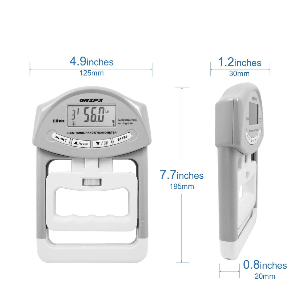 Gripx Digital Hand Dynamometer Grip Strength Measurement Meter Auto Capturing Electronic Hand Grip Power 198Lbs / 90Kgs