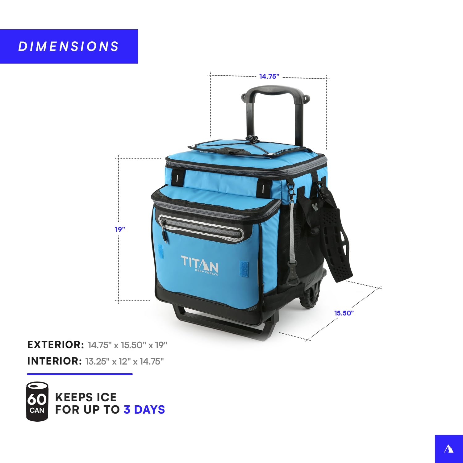 Arctic Zone Titan Deep Freeze 60 (50+10) Can Collapsible Rolling Cooler With Wheels And All-Terrain Cart, Process Blue