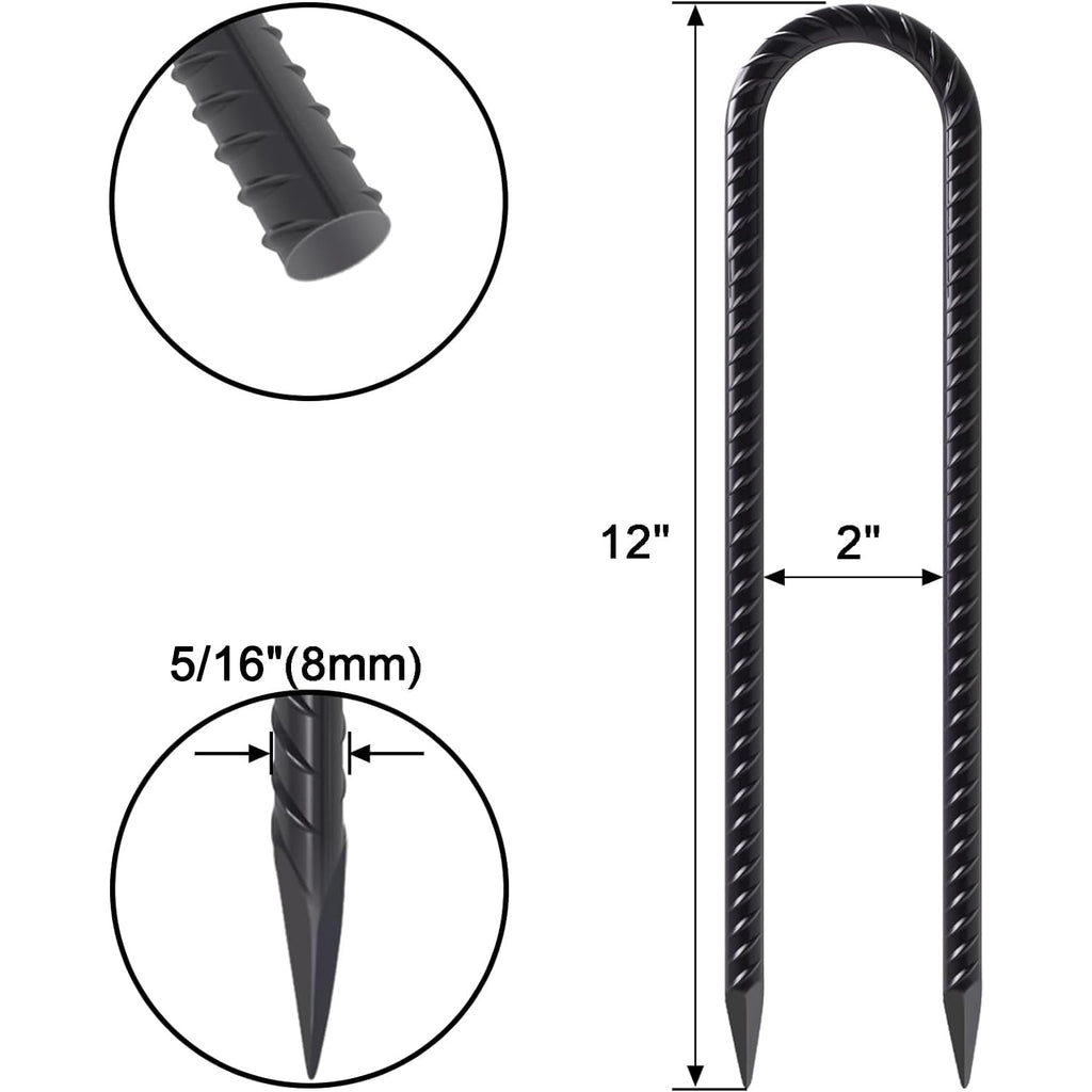 Windstake 12 Inch U Shape Rebar Stakes, 8Pcs Black Rebar Hook, Heavy Duty Trampoline Wind Anchors Stakes For Camping Tents, Socc