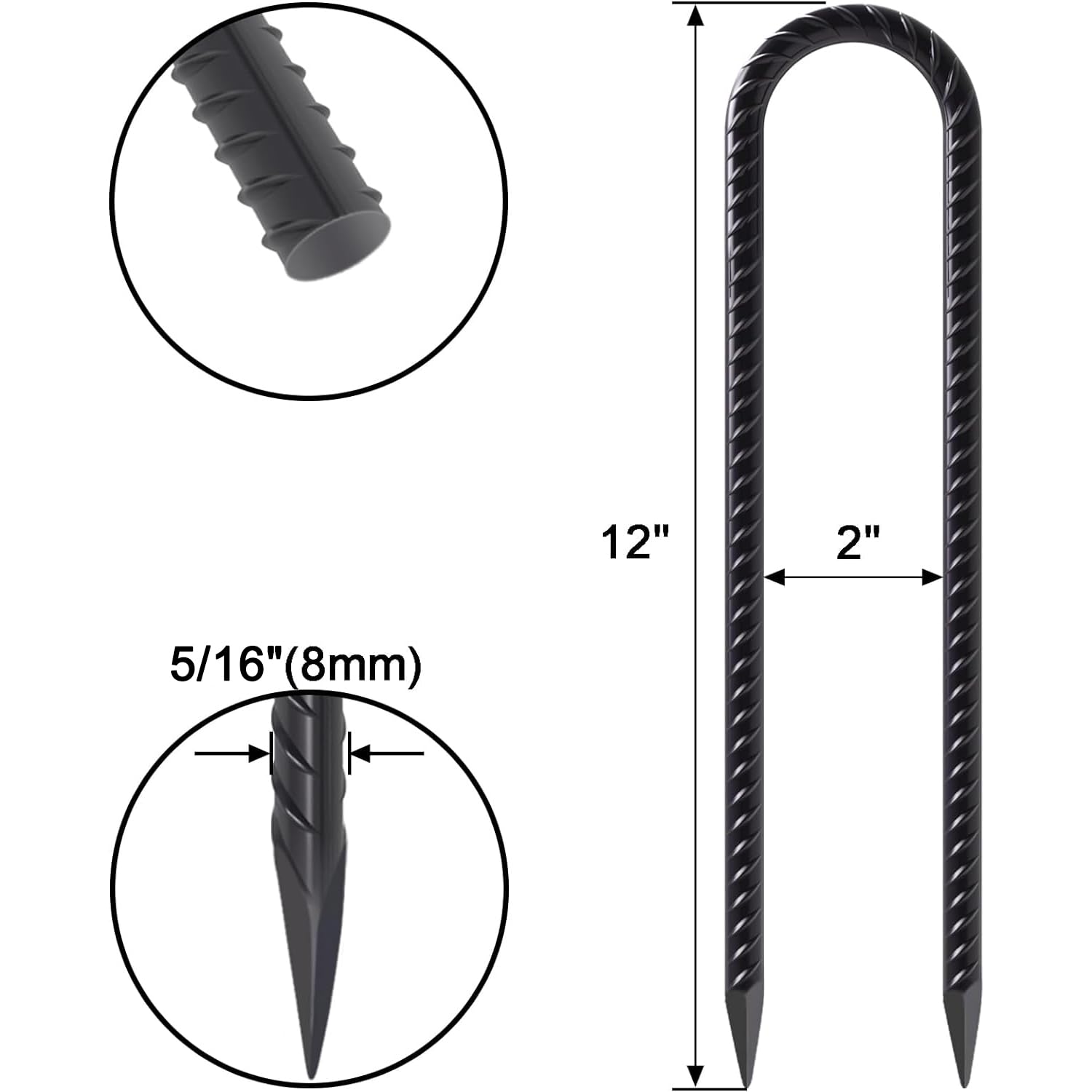 Windstake 12 Inch U Shape Rebar Stakes, 8Pcs Black Rebar Hook, Heavy Duty Trampoline Wind Anchors Stakes For Camping Tents, Socc