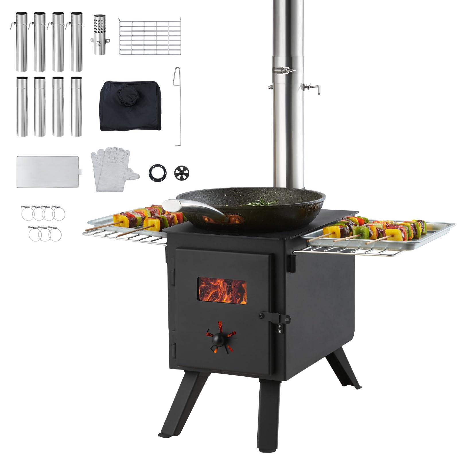 Vevor Camping Wood Stove Alloy Steel Camping Tent Stove, Portable Wood Burning Stove With Chimney Pipes & Gloves, 1400Infirebox