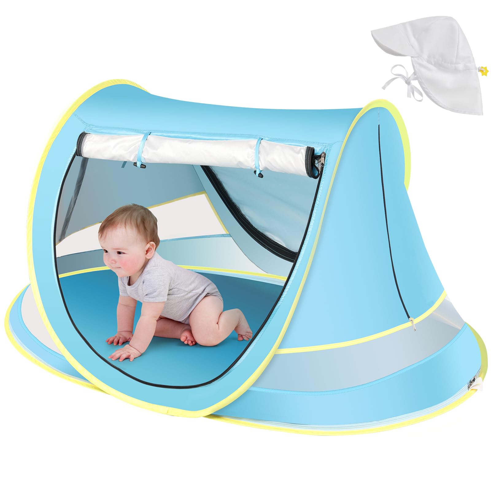 Baby Beach Tent With Baby Hat, Pop Up Toddler Travel Tent With Sun Hat For Boys Or Girls, Sun Shade For Toddler Camping, Infant