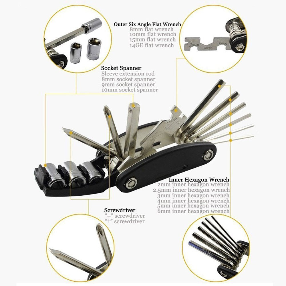 Daway B32 Bike Repair Tool Kits - 16 In 1 Multi Function Bicycle Mechanic Fix Tools Set Bag, Glueless Tire Tube Patches & Tire L