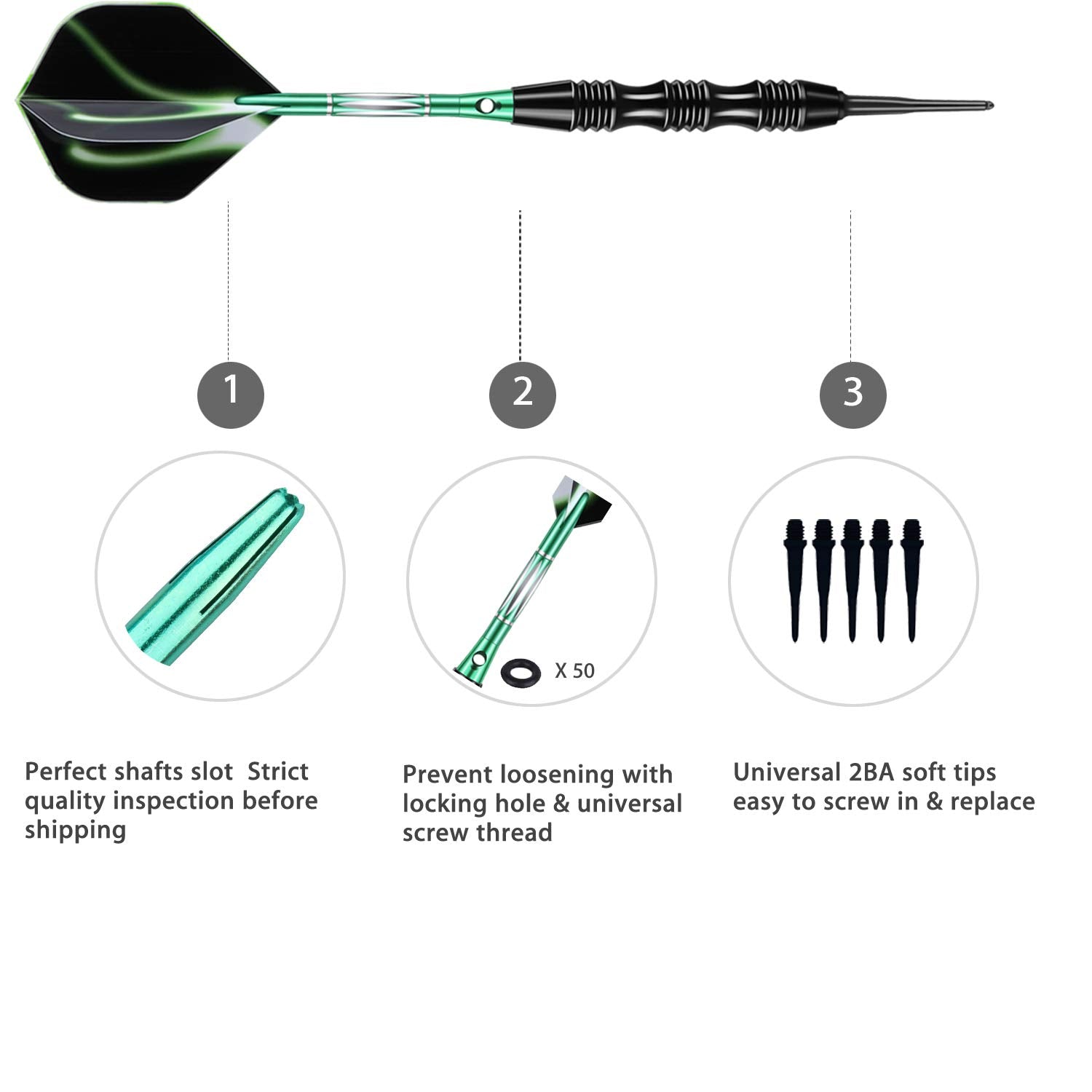 Sanfeng Professional Soft Tip Darts Set 20 Grams W/ 50 O-Rings- 30 Darts Plastic Tip + Green Aluminum Shafts + 6 Standard Flight