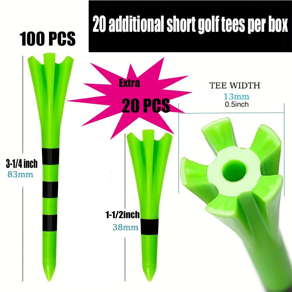 Swingtek 120 Pack Plastic Golf Tees,Contain 100 Pcs 3-1/4 Inch Unbreakable Long Tees And 20 Short Tees,Mixed Color,Frictional Re