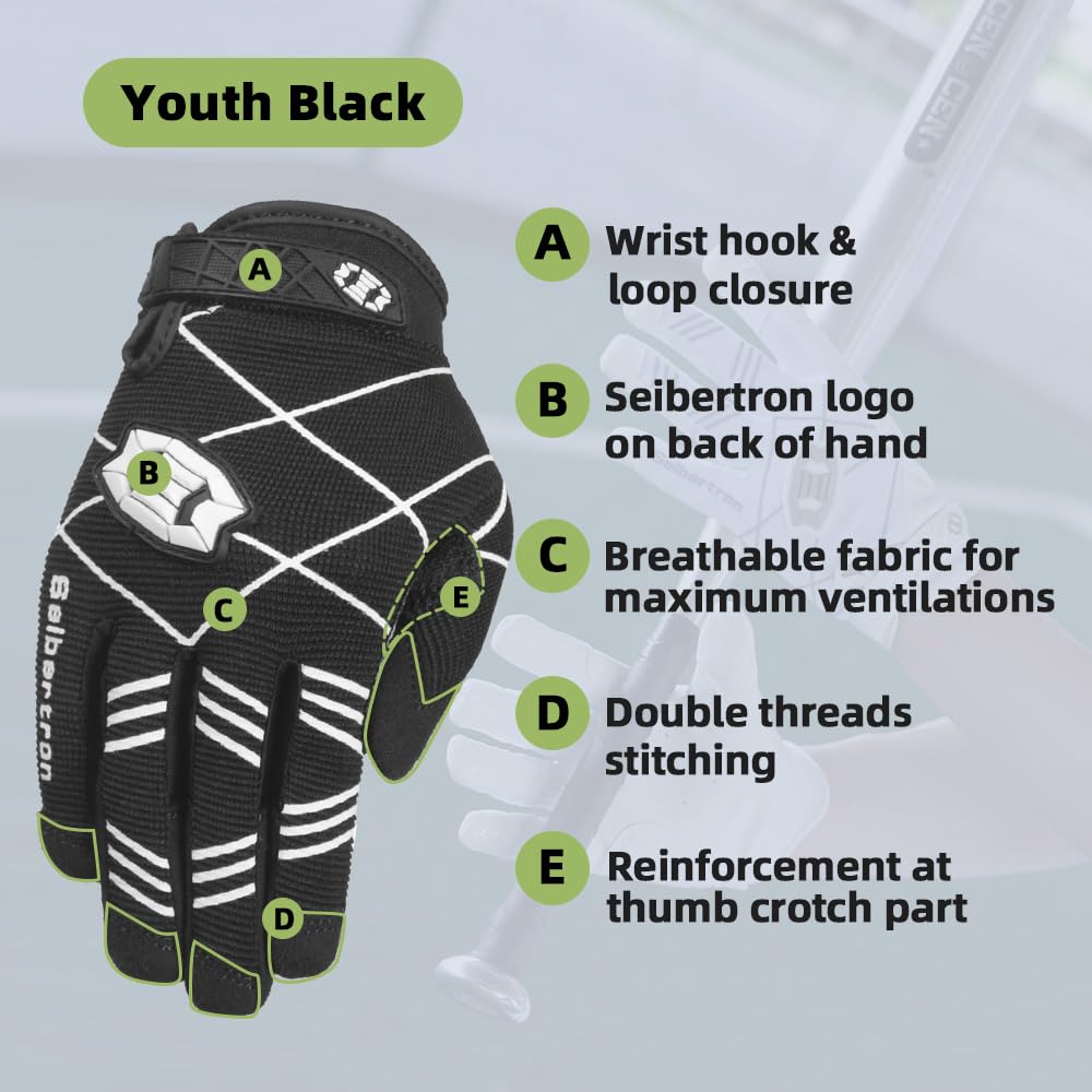 Seibertron B-A-R Pro 2.0 Signature Baseball/Softball Batting Gloves Super Grip Finger Fit For Youth Black S