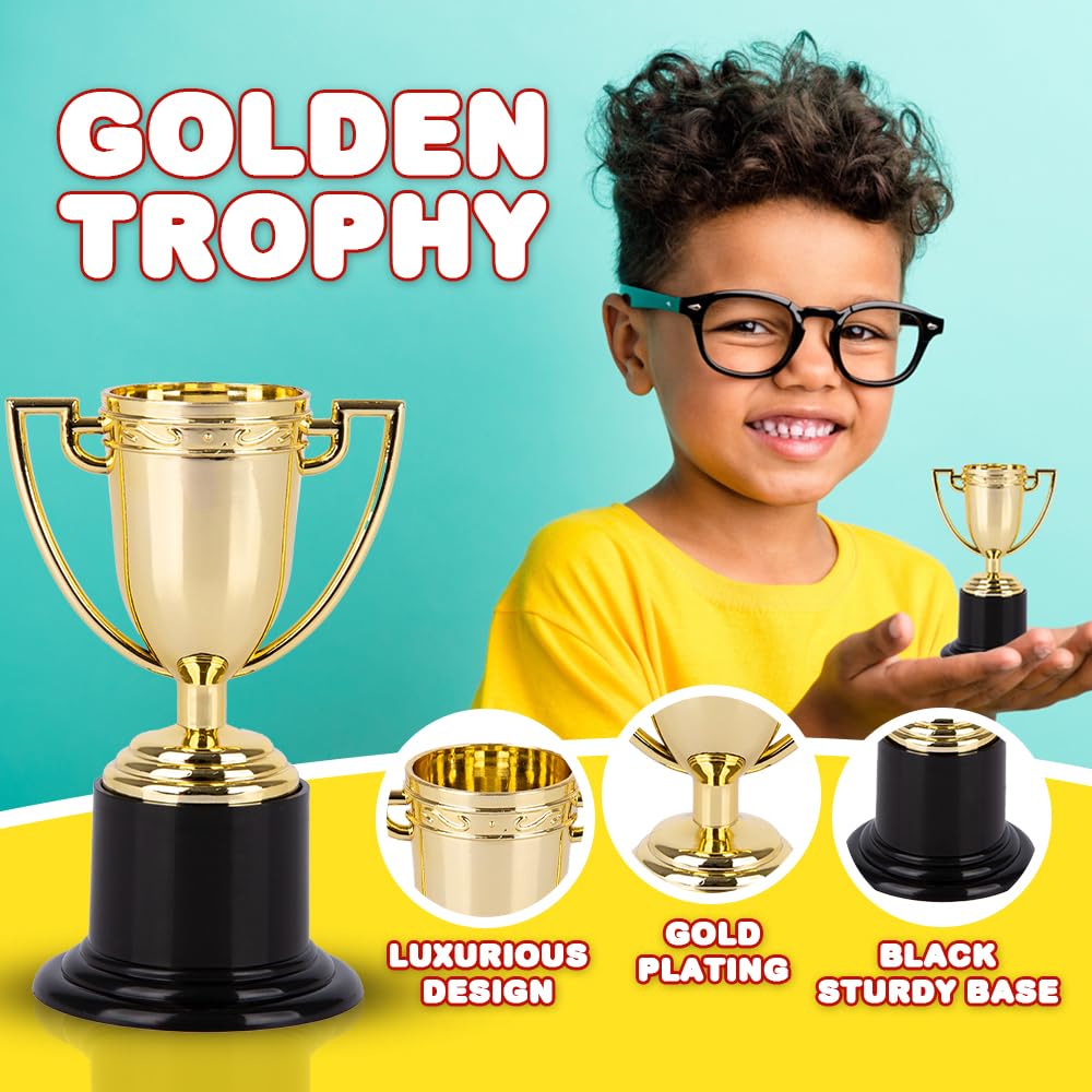 Artcreativity Gold Plastic Trophies For Kids - Pack Of 12 Golden Colored Trophy Set - 4 Inch Award Cups For Football, Soccer, Ba
