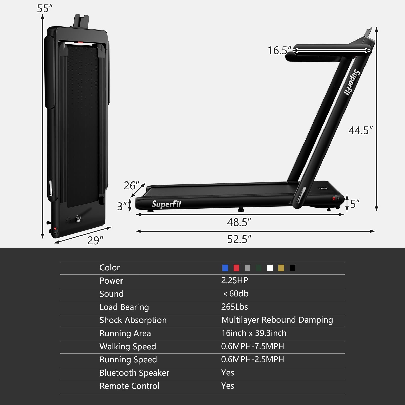 Goplus 2 In 1 Folding, Superfit Under Desk Electric Treadmill, 2.25Hp Installation-Free With Blue Tooth Speaker, Remote Control,