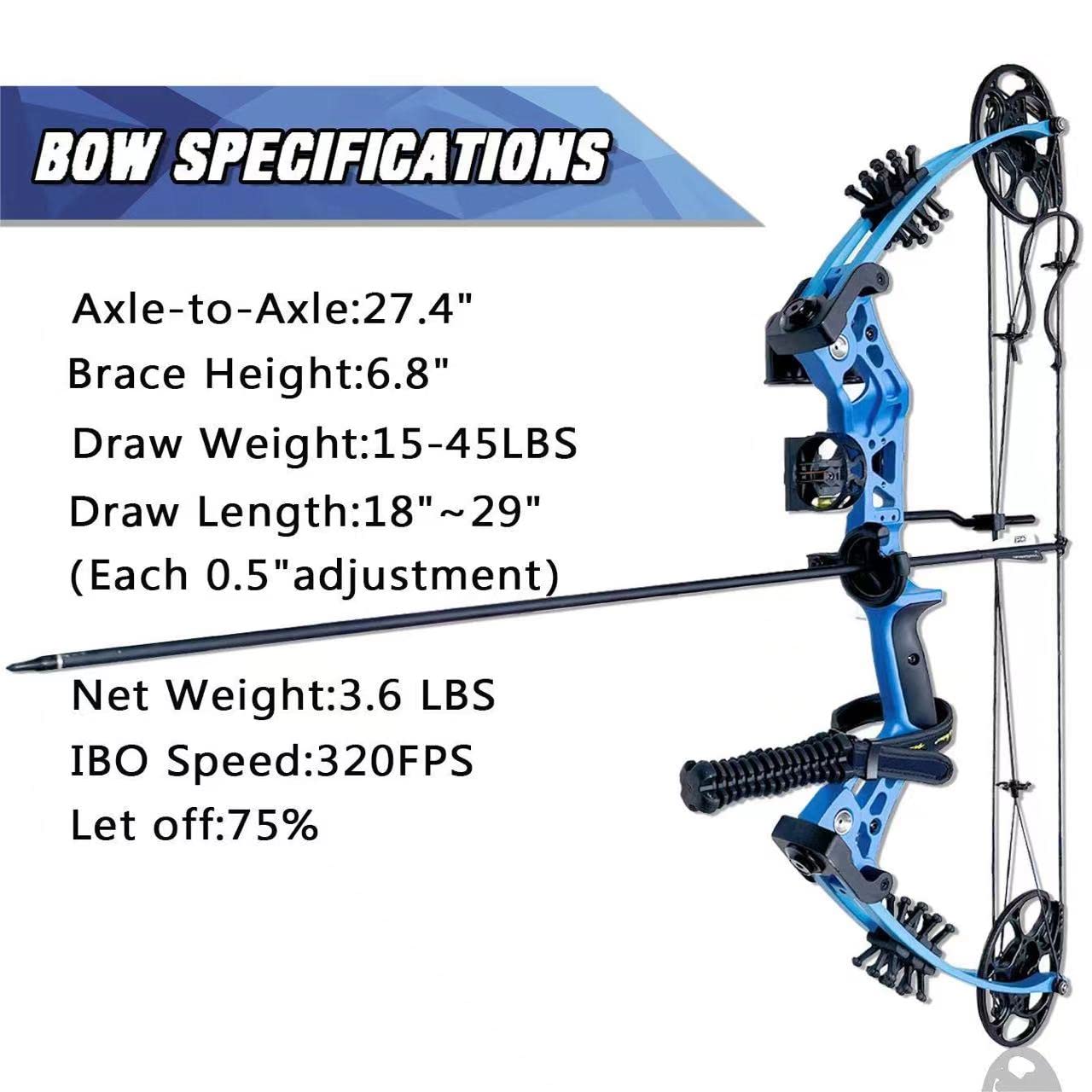 Pandarus Compound Bow Set 15-45Lbs For Pull Beginner And Teens Right Handed Adjustable 18-29 Draw Length, 320 Fps Speed, Hunting