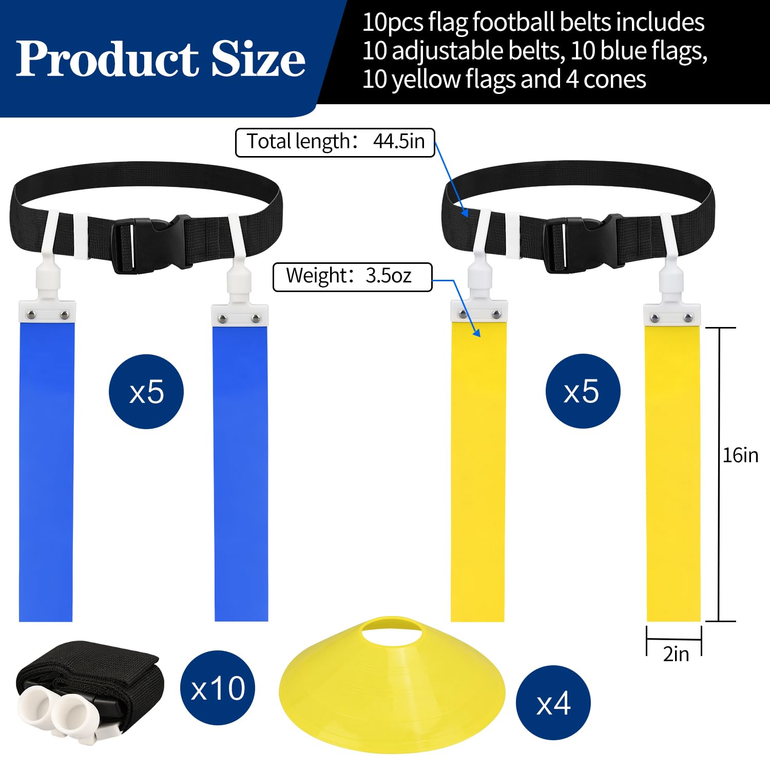 Dkovn Flag Football Belt, 1/2/4/10/14Pcs Adjustable Flag Football Belt With Belt And Flags, For Kids, Youths, Adults(10Pcs, Blue
