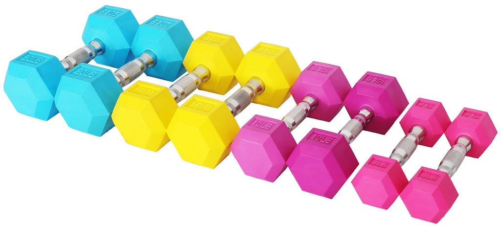 Fitvids Colored Rubber Encased Hex Dumbbell, Set Including 5, 10, 15, 20Lb Pairs