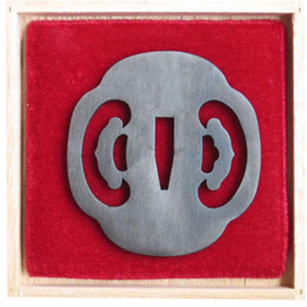 Iron Alloy Tsuba for Katana or Wakizashi, Triple Moon Pattern with Wooden Box