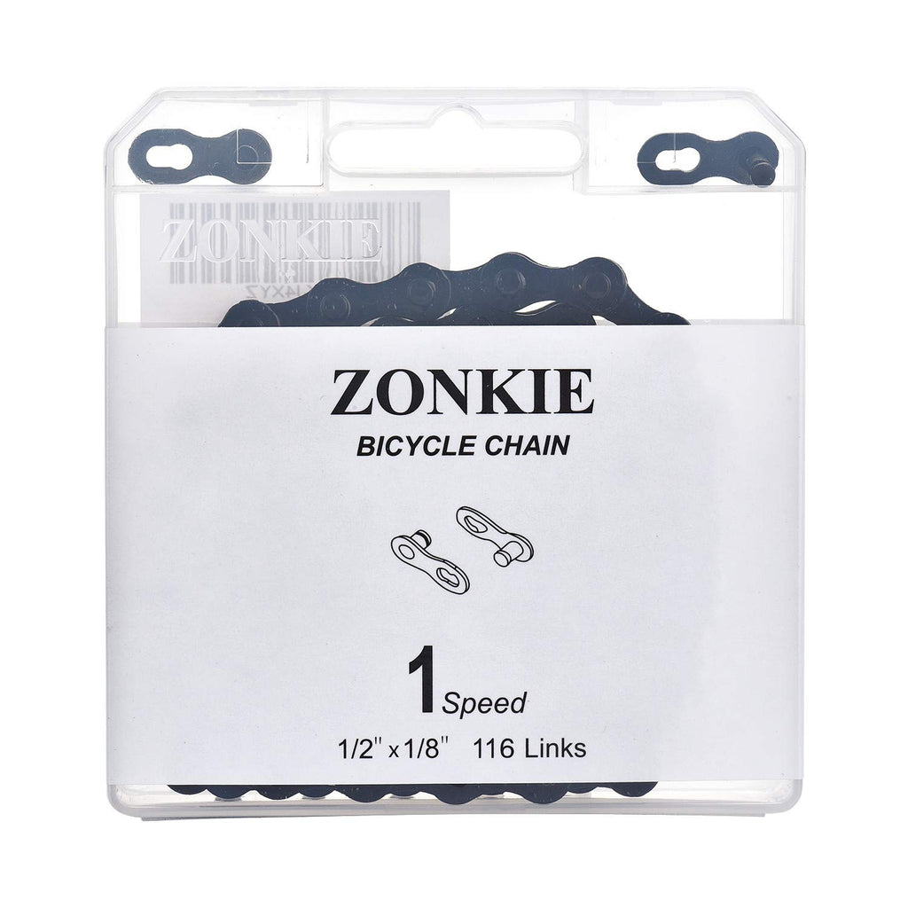 Zonkie Single-Speed Bicycle Chain 1/2 X 1/8 Inch 116 Links (Black, 1/2'' 1/8'' 116 Links)