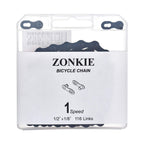 Zonkie Single-Speed Bicycle Chain 1/2 X 1/8 Inch 116 Links (Black, 1/2'' 1/8'' 116 Links)
