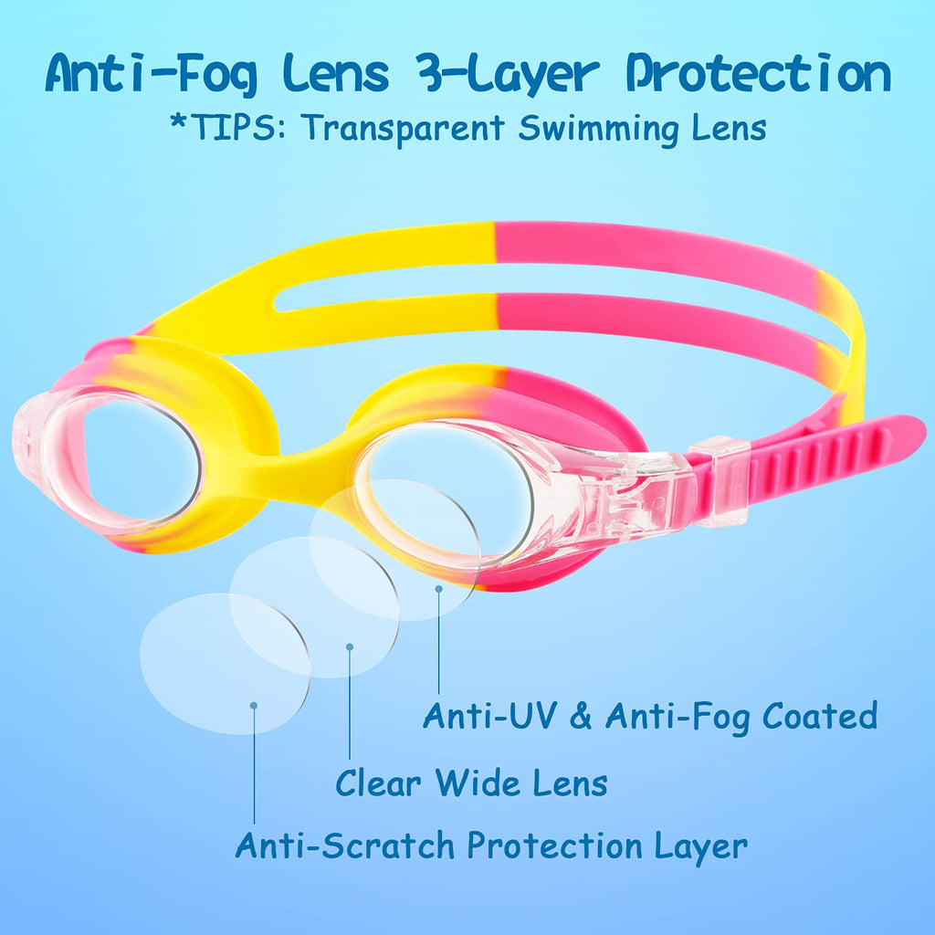 Cooloo Kids Goggles For Swimming For Age 3-15, 2 Pack Kids Swim Goggles With Nose Cover, No Leaking, Anti-Fog, Waterproof, Pink+