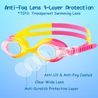 Cooloo Kids Goggles For Swimming For Age 3-15, 2 Pack Kids Swim Goggles With Nose Cover, No Leaking, Anti-Fog, Waterproof, Pink+