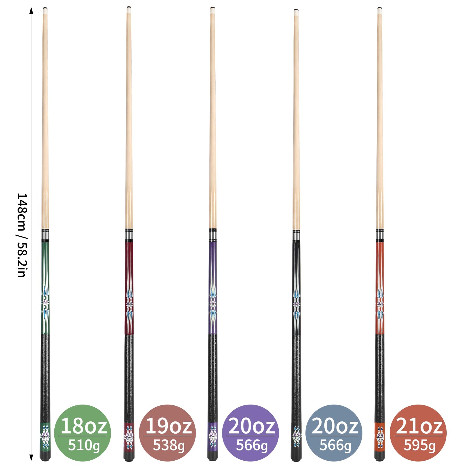 Kmise Pool Stick Set of 5, 58 Inch Pool Cue Stick,Snooker Play Billiard Pool Sticks for Men Professional,17oz 18oz Pool Stick fo